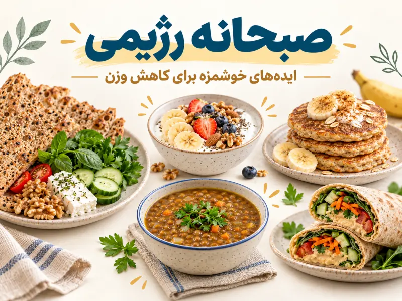 صبحانه رژیمی شامل نان و پنیر، عدسی، پنکیک، ماست و میوه و لقمه حمص