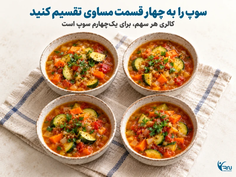 چهار سهم هم‌اندازه سوپ و روش تقسیم سوپ آماده