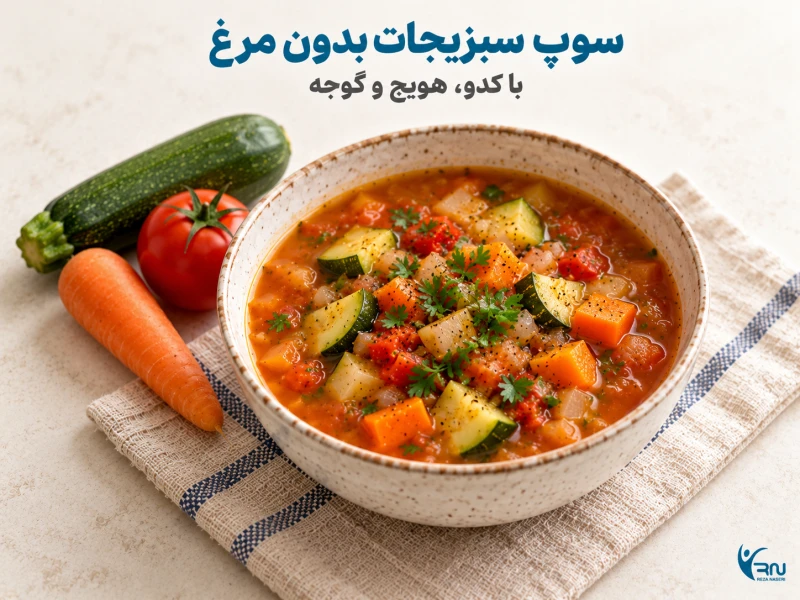 مواد اصلی و مراحل تهیه سوپ سبزیجات رژیمی بدون مرغ